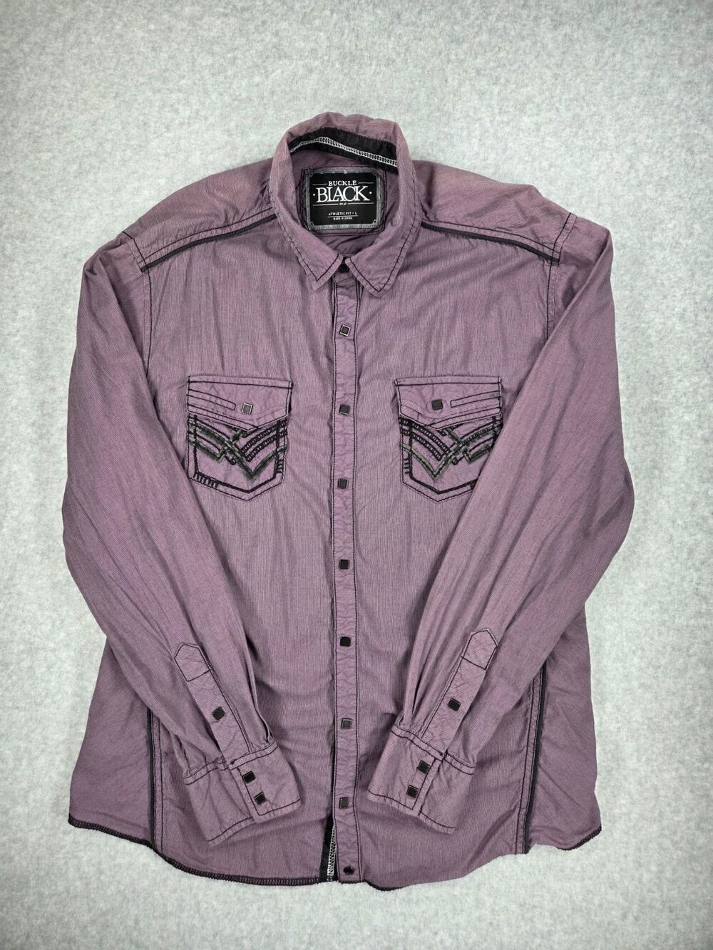 Buckle Black Shirt Mens Large Athletic Fit Purple Button Down Embroidered Pocket